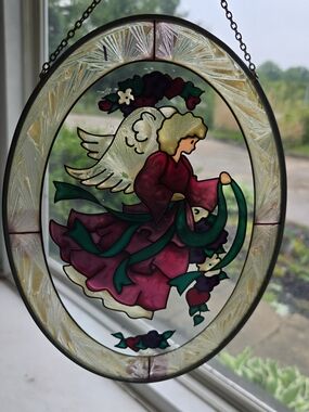 Vintage Stained Glass Angel Suncatcher Hand Painted Oval Window Panel Suncatcher